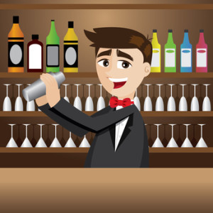 cartoon bartender with shaker at bar
